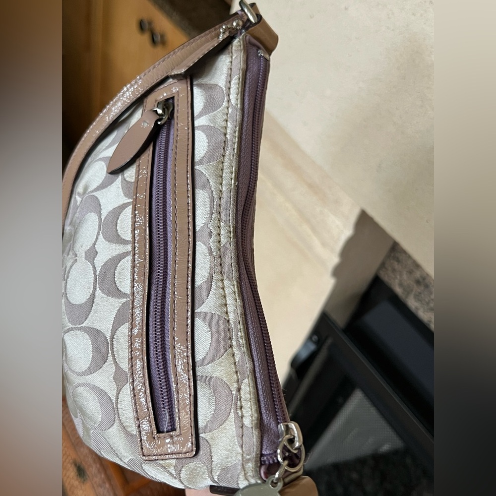 Coach Signature Satin Crossbody Purse Bag Lilac/Lilac Silver Half Moon Shaped - Picture 3 of 12